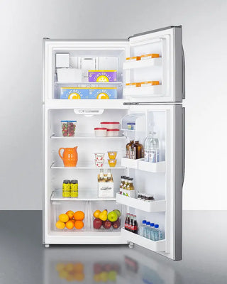 Open Summit CTR18PLIM 30" Wide Top Freezer Refrigerator with Icemaker with various food items on a gray background