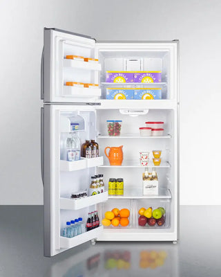 Open Summit CTR18PLLHD 30" Wide Top Freezer Refrigerator with various food items on a white background