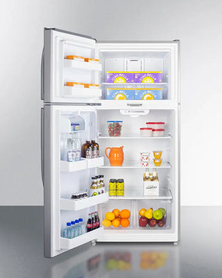 Open Summit CTR18PLLLF2LHD 30" Wide Top Freezer Refrigerator with various food items on a white background
