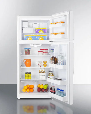 White Summit CTR18WIM 30" Wide Top Freezer Refrigerator with Icemaker with open doors displaying various food items on a gray background