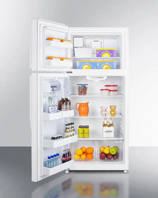 White Summit CTR18WIMLHD 30" Wide Top Freezer Refrigerator with Icemaker with open doors displaying various food items on a gray background