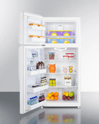 White Summit CTR18WLHD 30" Wide Top Freezer Refrigerator with open doors displaying various food items on a gray background
