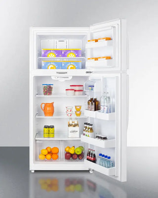 White Summit CTR18WLLF2 30" Wide Top Freezer Refrigerator with open doors displaying various food items on a gray background