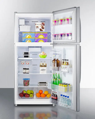 Open Summit CTR21PLIM 30" Wide Top Freezer Refrigerator with Icemaker with various food items on a white background