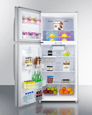 Open Summit CTR21PLLLF2LHD 30" Wide Top Freezer Refrigerator with various food items on a white background