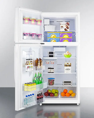 Open Summit CTR21WIMLHD 30" Wide Top Freezer Refrigerator with Icemaker with various food items and drinks on a gray background
