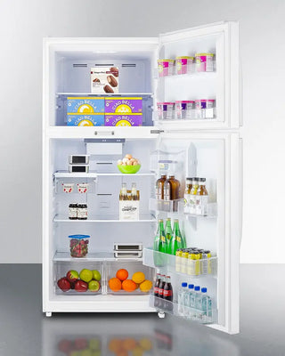 Open Summit CTR21WLLF2 30" Wide Top Freezer Refrigerator with various food items on a white background
