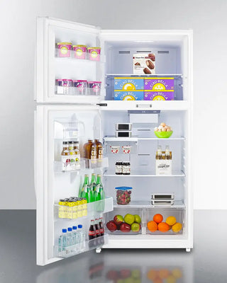Open Summit CTR21WLLF2LHD 30" Wide Top Freezer Refrigerator with various food items on a gray background