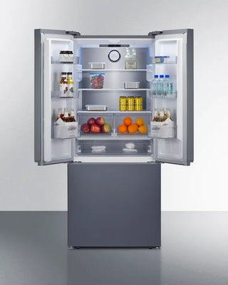 Open Summit FDRD175SSIM 30" Wide French Door Bottom-Mount Refrigerator-Freezer with food items on a white background