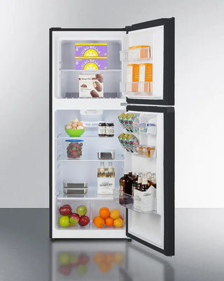 Open Summit FF1087B 24" Wide Top Mount Refrigerator-Freezer with various food items inside on a white background