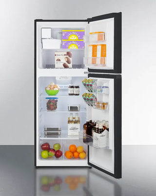 Open Summit FF1087BIM 24" Wide Top Mount Refrigerator-Freezer with Icemaker with various food items on a white background