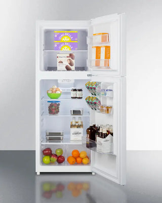 Open Summit FF1088W 24" Wide Top Mount Refrigerator-Freezer with food items on a white background