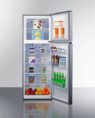 Open Summit FF1142PL 24" Wide Top Mount Refrigerator-Freezer with various food items and drinks on a white background