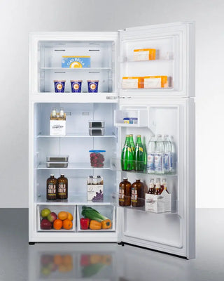Open Summit FF18W 30" Wide Top Mount Refrigerator-Freezer with various food items and drinks on a white background
