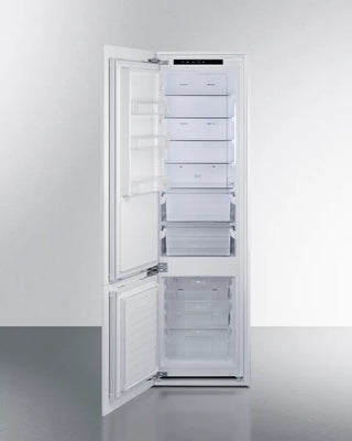 Summit FFBF11NTLHD 24" Wide Fully Integrated Bottom Mount Refrigerator-Freezer with open door on a white background