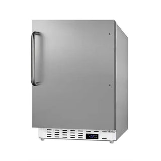 Stainless steel refrigerator with digital display on a white background