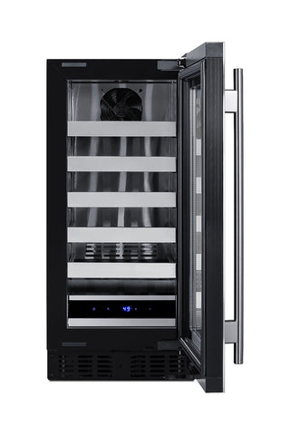 Summit ASDW1522 with glass door open showing wine shelves and black interior