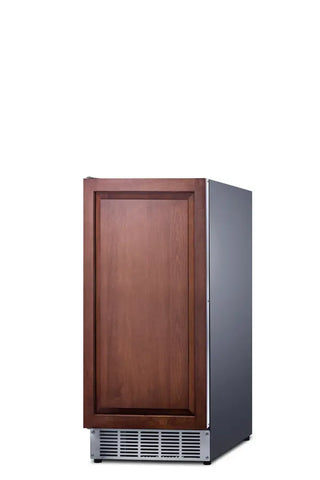 Summit BIM44GCSSIF 15-inch built-in clear icemaker panel-ready stainless steel angle view on a white background