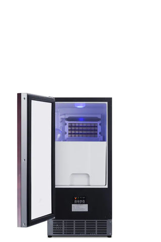 Summit BIM44GCSSIFADA 15-inch ADA-compliant built-in clear icemaker panel-ready stainless steel side view on a white background