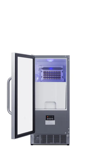 Summit BIM47OS 15-inch outdoor built-in clear icemaker stainless steel side view on a white background