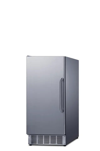 Summit BIM47OS 15-inch outdoor built-in clear icemaker stainless steel angle view on a white background