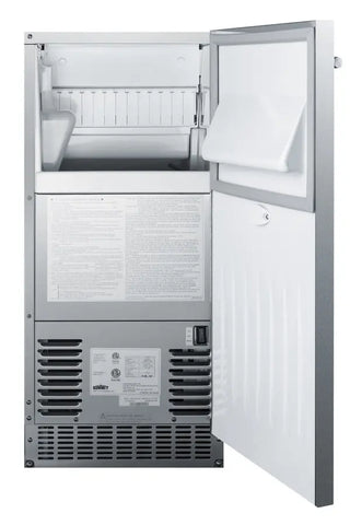 Summit BIM68OSGDR 15-inch outdoor built-in clear icemaker gravity drain stainless steel side view on a white background