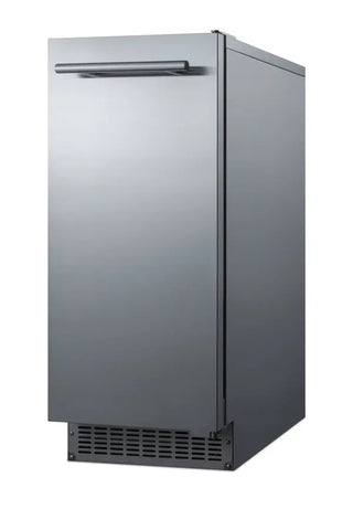Summit BIM68OSGDR 15-inch outdoor built-in clear icemaker gravity drain stainless steel angle view on a white background