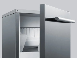 Summit BIM68OSGDR 15-inch outdoor built-in clear icemaker gravity drain stainless steel detail view on a white background