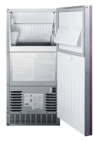 Summit BIM68OSPUMPIF 15-inch outdoor indoor built-in clear icemaker with internal pump side view on a white background