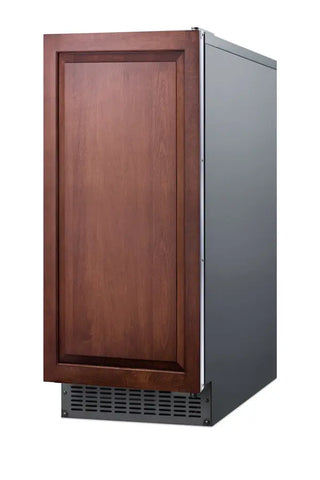 Summit BIM68OSPUMPIF 15-inch outdoor indoor built-in clear icemaker with internal pump angle view on a white background