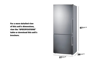 Summit FFBF284SSIMLHD 28" Wide Bottom Freezer Refrigerator with Icemaker and Left Hand Door Swing, 13.8 cu.ft.