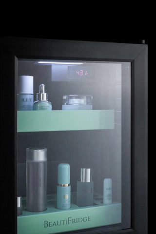 Summit LX114LG BeautiFridge 14" Wide Compact Cosmetics Cooler with Glass Door, Black, 0.85 cu.ft.