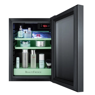 Summit LX114LGT1 BeautiFridge 14" Compact Cosmetics Cooler with Mirror-Tinted Glass Door, Black, 0.85 cu.ft. 