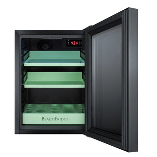 Summit LX114LGT1 BeautiFridge 14" Compact Cosmetics Cooler with Mirror-Tinted Glass Door, Black, 0.85 cu.ft. 