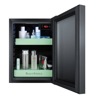 Summit LX114LGT1 BeautiFridge 14" Compact Cosmetics Cooler with Mirror-Tinted Glass Door, Black, 0.85 cu.ft. 