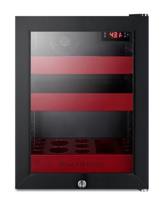Summit LX114LR BeautiFridge 14" Compact Cosmetics Cooler with Glass Door, Glossy Ruby Shelving, 0.85 cu.ft.