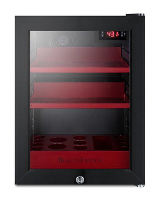 Summit LX114LR BeautiFridge 14" Compact Cosmetics Cooler with Glass Door, Glossy Ruby Shelving, 0.85 cu.ft.