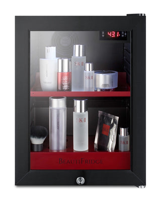Summit LX114LR BeautiFridge 14" Compact Cosmetics Cooler with Glass Door, Glossy Ruby Shelving, 0.85 cu.ft.
