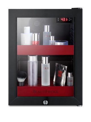 Summit LX114LR BeautiFridge 14" Compact Cosmetics Cooler with Glass Door, Glossy Ruby Shelving, 0.85 cu.ft.