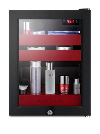 Summit LX114LR BeautiFridge 14" Compact Cosmetics Cooler with Glass Door, Glossy Ruby Shelving, 0.85 cu.ft.