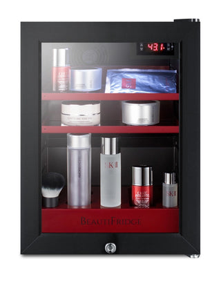 Summit LX114LR BeautiFridge 14" Compact Cosmetics Cooler with Glass Door, Glossy Ruby Shelving, 0.85 cu.ft.