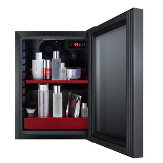 Summit LX114LRT1 BeautiFridge 14" Compact Cosmetics Cooler with Mirror-Tinted Glass Door, Glossy Ruby Shelving