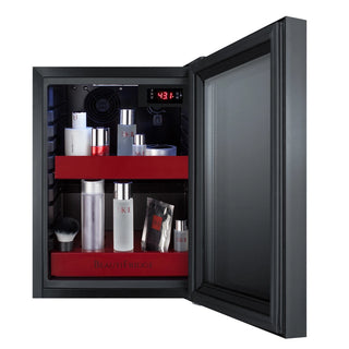 Summit LX114LRT1 BeautiFridge 14" Compact Cosmetics Cooler with Mirror-Tinted Glass Door, Glossy Ruby Shelving