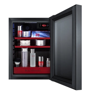 Summit LX114LRT1 BeautiFridge 14" Compact Cosmetics Cooler with Mirror-Tinted Glass Door, Glossy Ruby Shelving