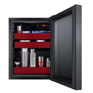 Summit LX114LRT1 BeautiFridge 14" Compact Cosmetics Cooler with Mirror-Tinted Glass Door, Glossy Ruby Shelving