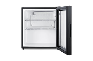 Summit MB43GL minibar with glass door open, empty interior with wire shelves