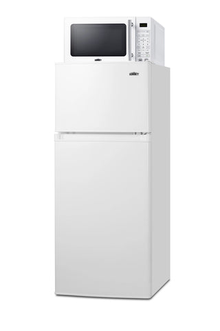 Summit MRF72WA white microwave refrigerator-freezer, angled side view