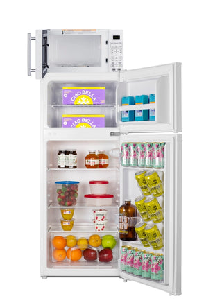 Summit MRF72WA with doors open, freezer and refrigerator stocked with food and drinks