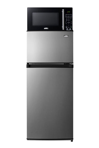Summit MRF73PLA microwave and top-freezer refrigerator with stainless steel doors, front view