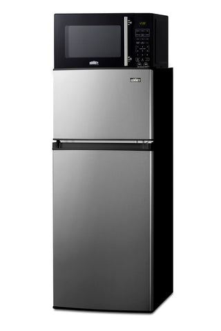 Summit MRF73PLA stainless steel microwave refrigerator-freezer, angled side view